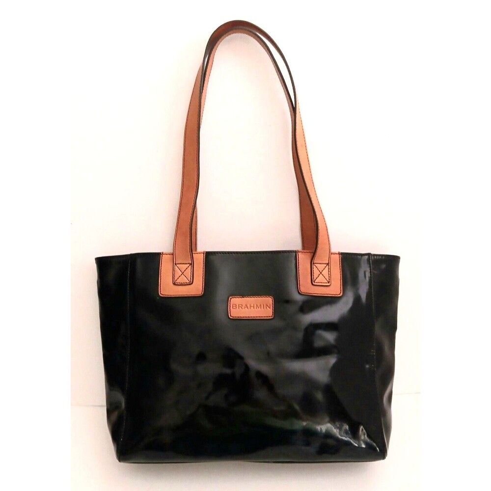 VTG Brahmin Blk Patent Small Tote Saddle Brown Leather Straps 14X9